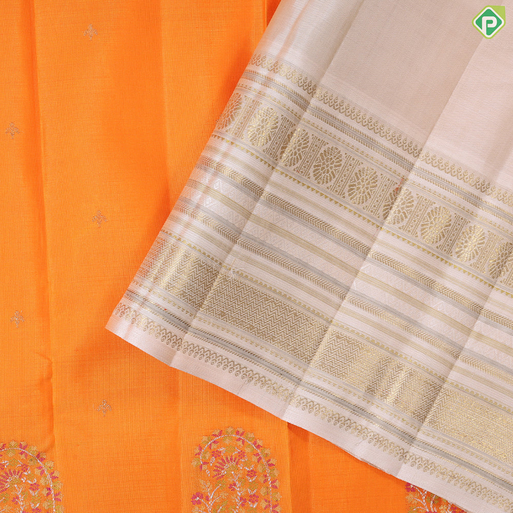Honey orange thilagam butta meena work padded cream white border retro traditional silk saree