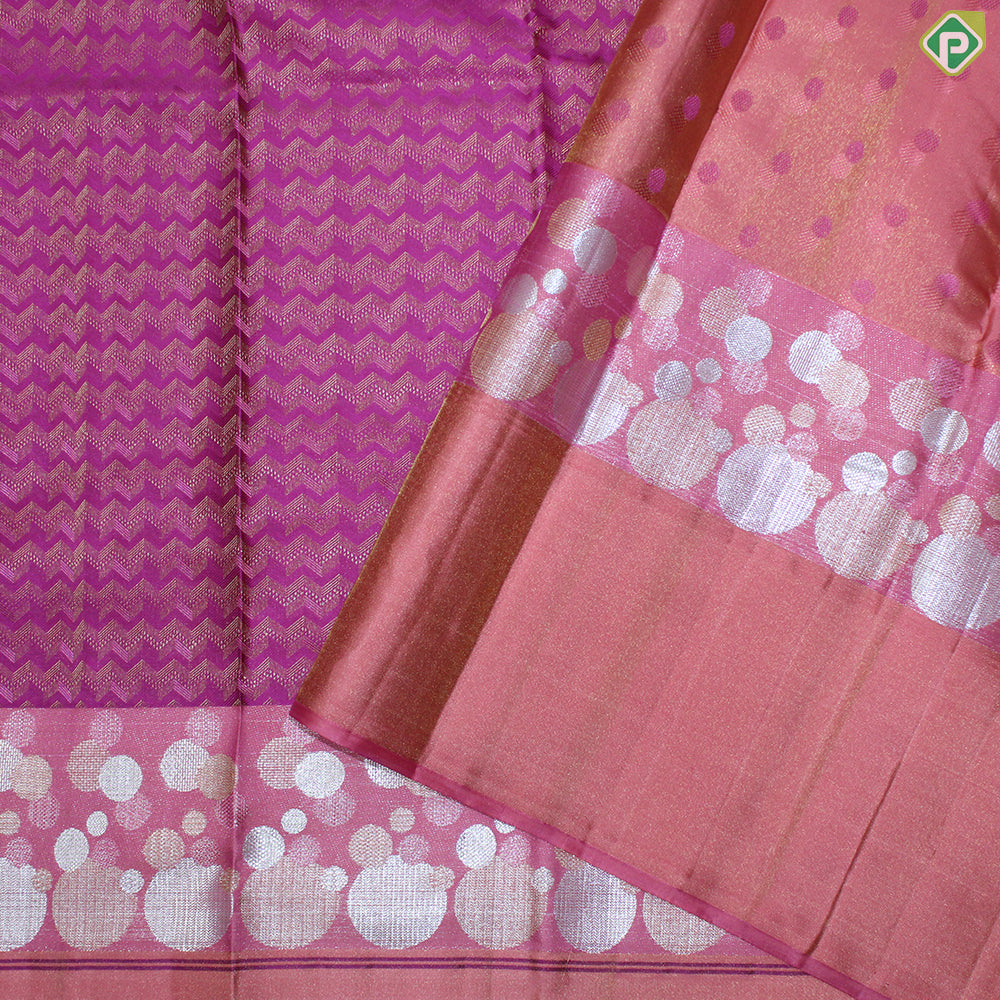 Pink Gold Zari Zig-Zag Design With Peach Pink Color Traditional Silk Saree