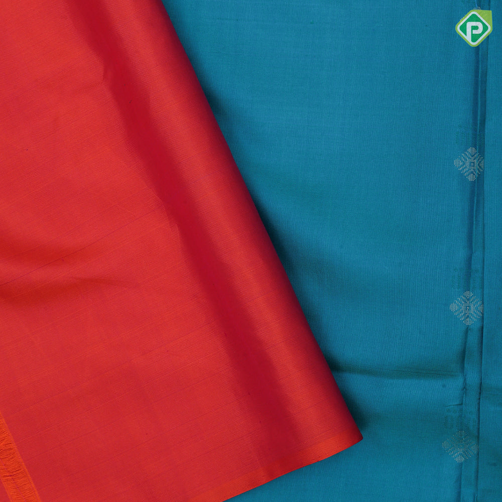 Tomato red silver zari silk thread fancy butta mustard yellow silver zari temple border soft silk saree