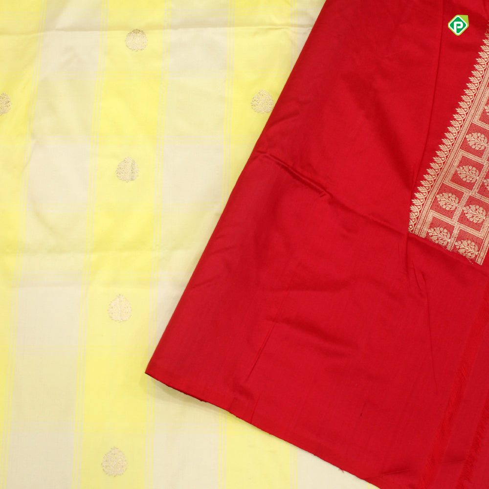 Lemon Yellow With Beige And Chilly Red Colour Small Thilagam Motifs Banarasi Silks Saree