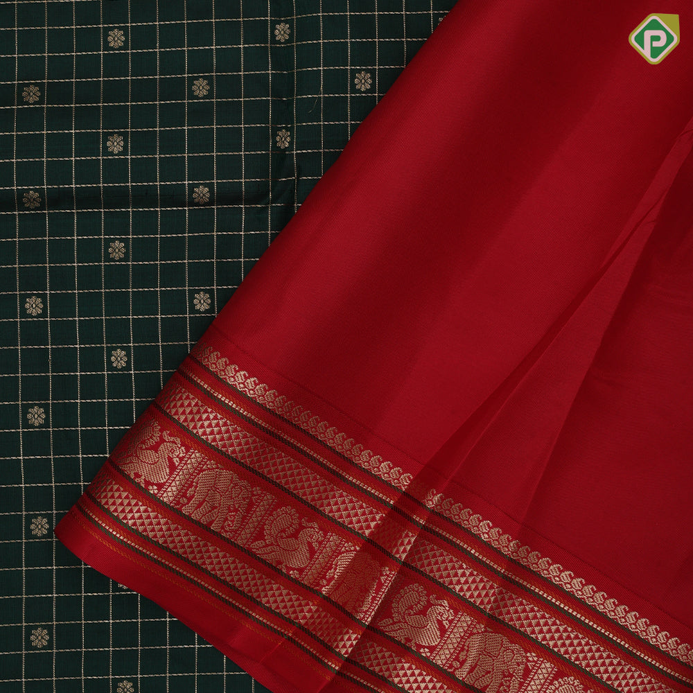 Bottle Green Gold Zari Checks Flower Motif Design Red Peacock Elephant Mango Border Design Traditional Silk Saree