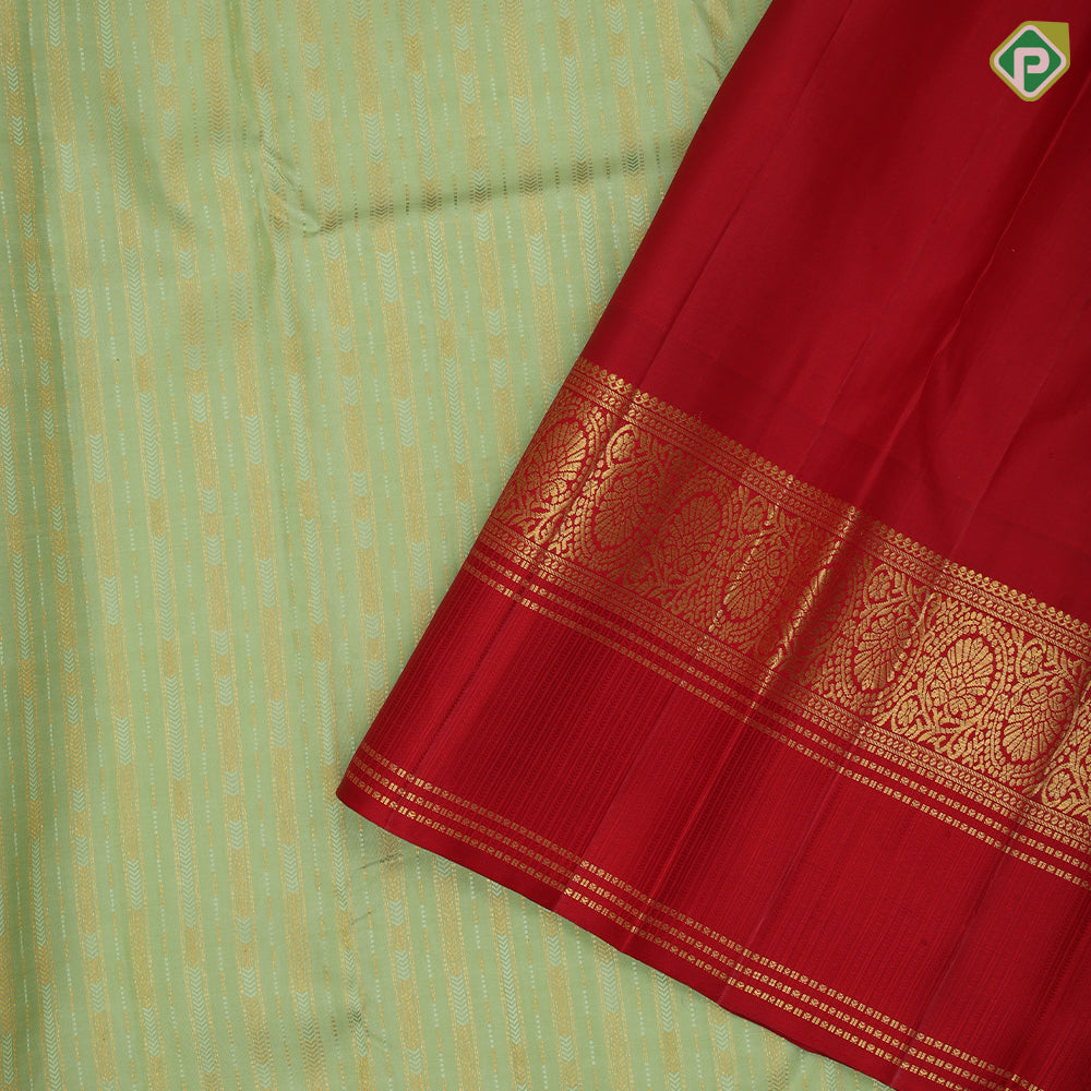 Pista Green Gold Zari Arrow Design Chilly Red Floral Border Design Traditional Silk Saree