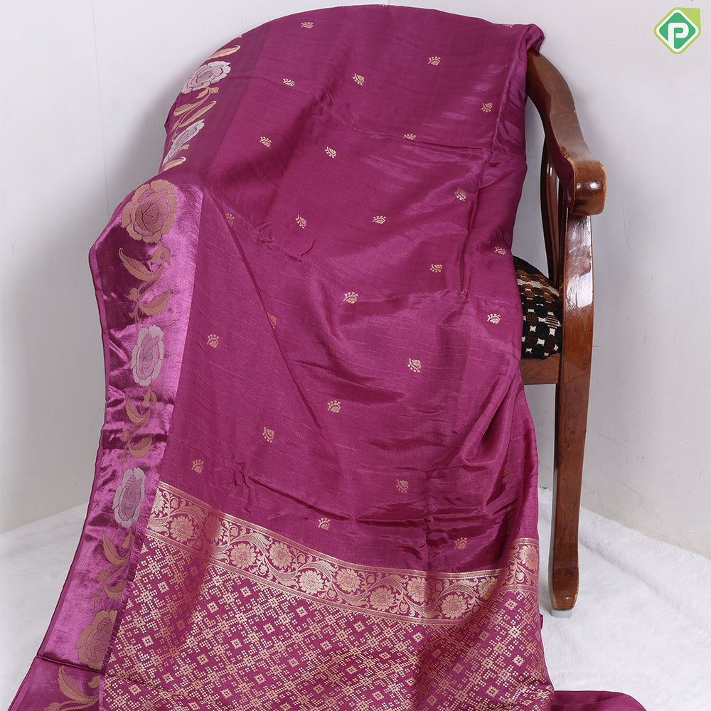 Purple Pink Gold Zari butta design satin Fancy Saree