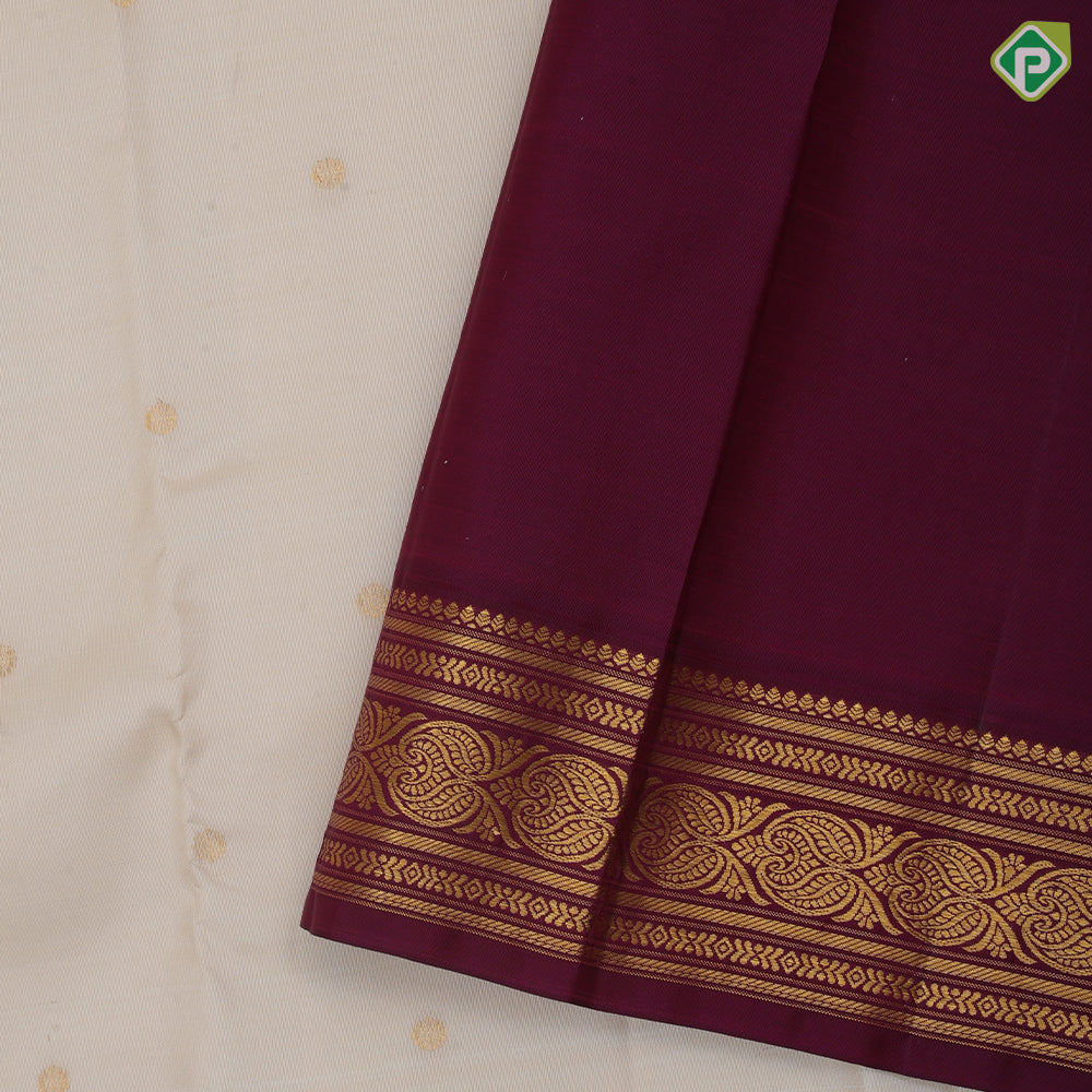 Cream White Gold Zari Chagaram Small Motif Design Purple Mango Floral Border Design Traditional Silk Saree