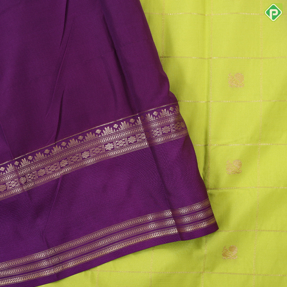 Parrot green gold zari checkered peacock butta design contrast purple rettapet border art silk gift saree