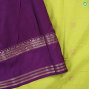 Parrot green gold zari checkered peacock butta design contrast purple rettapet border art silk gift saree