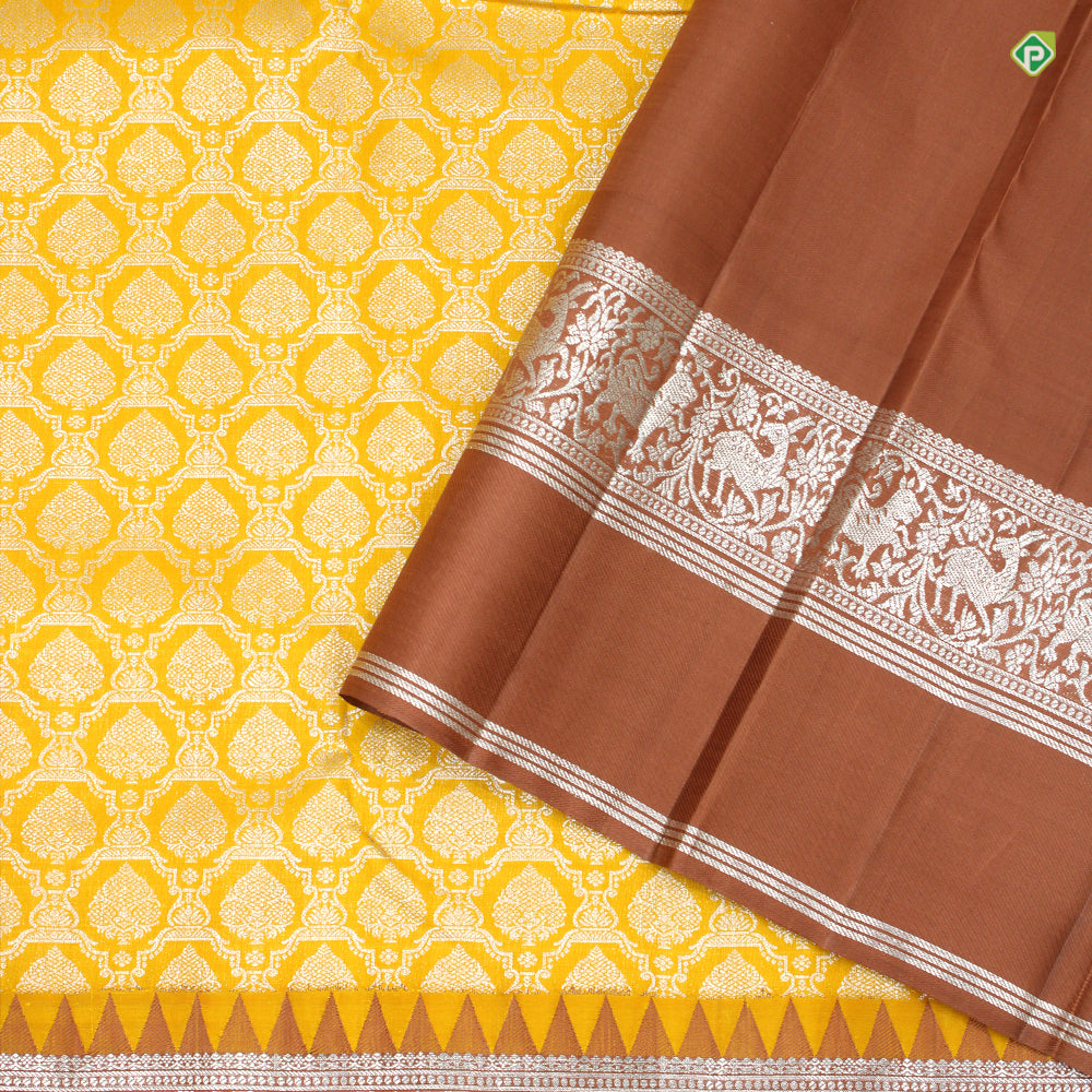 Corn Yellow With Brown Colour Thilagam Motifs Grand Wedding Silks Saree