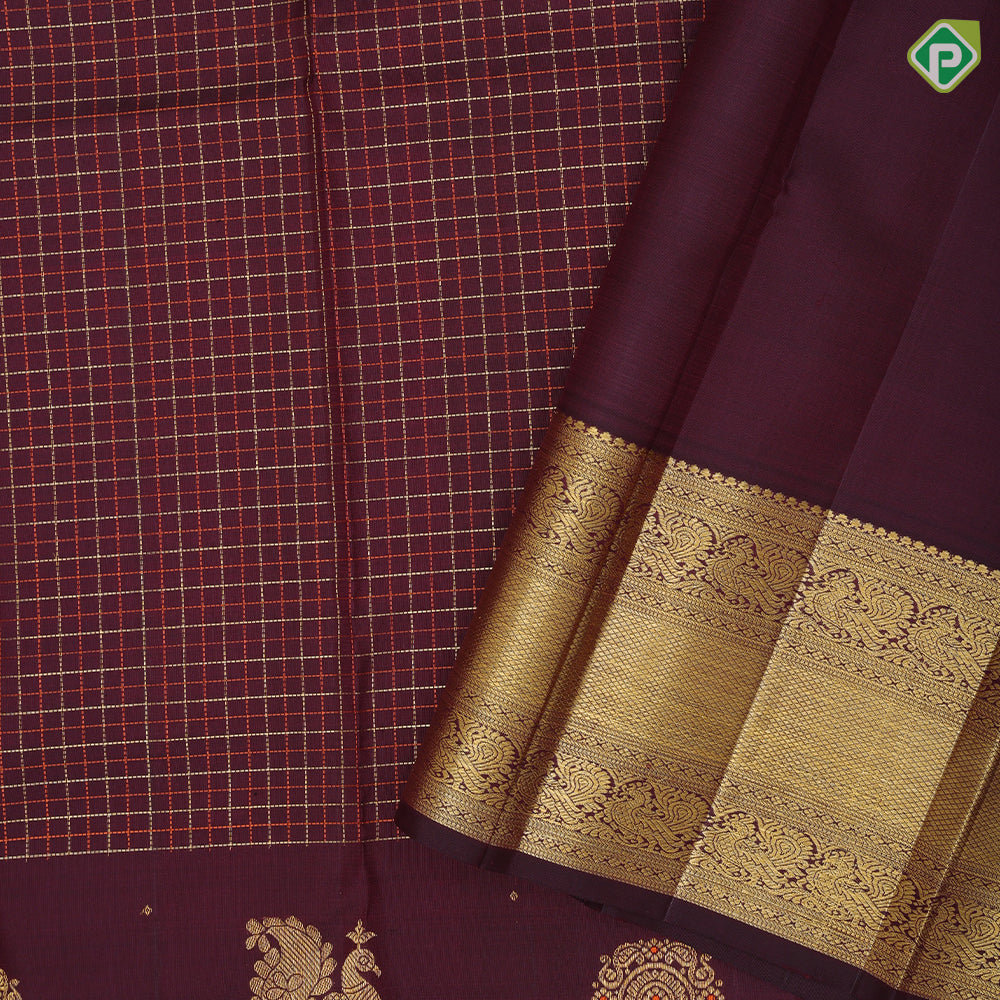 grape brown gold zari and silk thread checks design self gold zari peacock lines border traditional silk saree