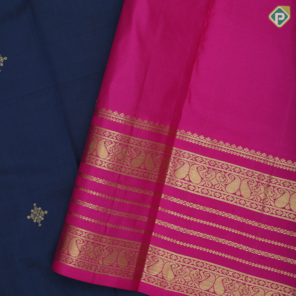 Midnight blue gold zari thilagam butta design rose pink gold zari mango design butta lines border gift silk saree