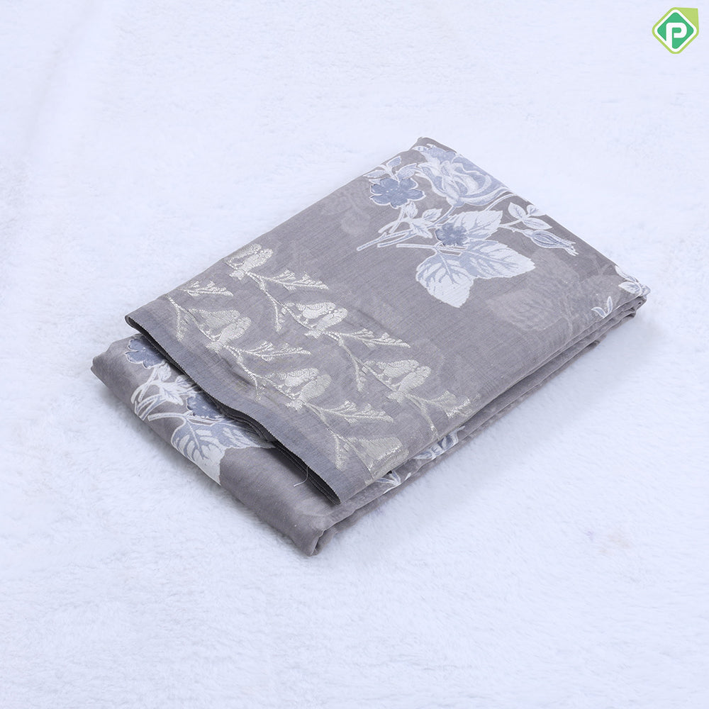 Grey with flower bunch design self Silver zari couple birds on branch fancy cotton saree