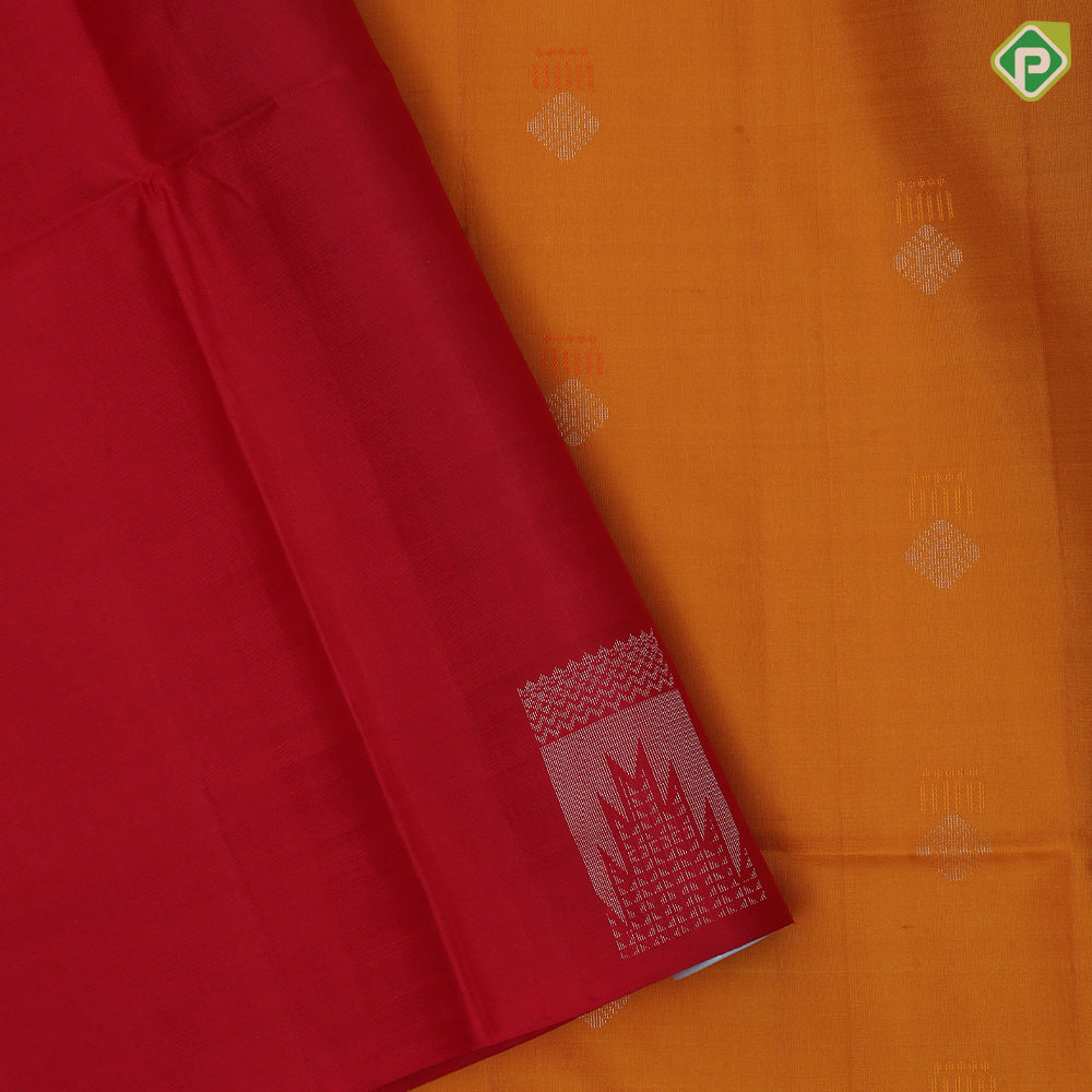 Tomato red silver zari silk thread fancy butta mustard yellow silver zari temple border soft silk saree