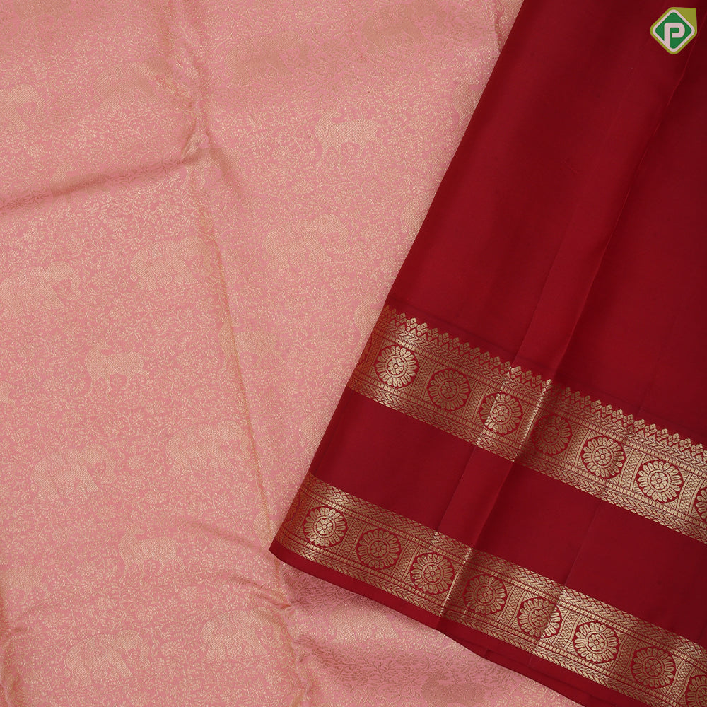 peach pink gold zari grand vanasigaram design rani red round flower butta rettapet border bridal silk saree