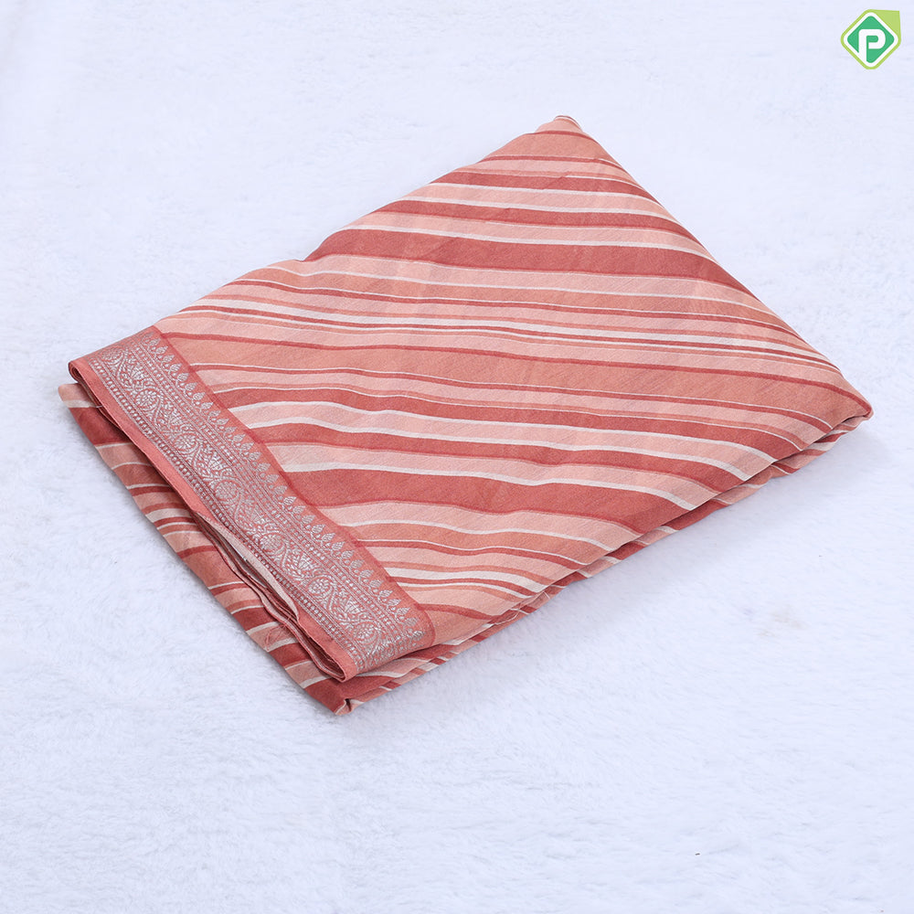 Orange base tricolor cross stripes design self silver zari rangoli border cotton saree
