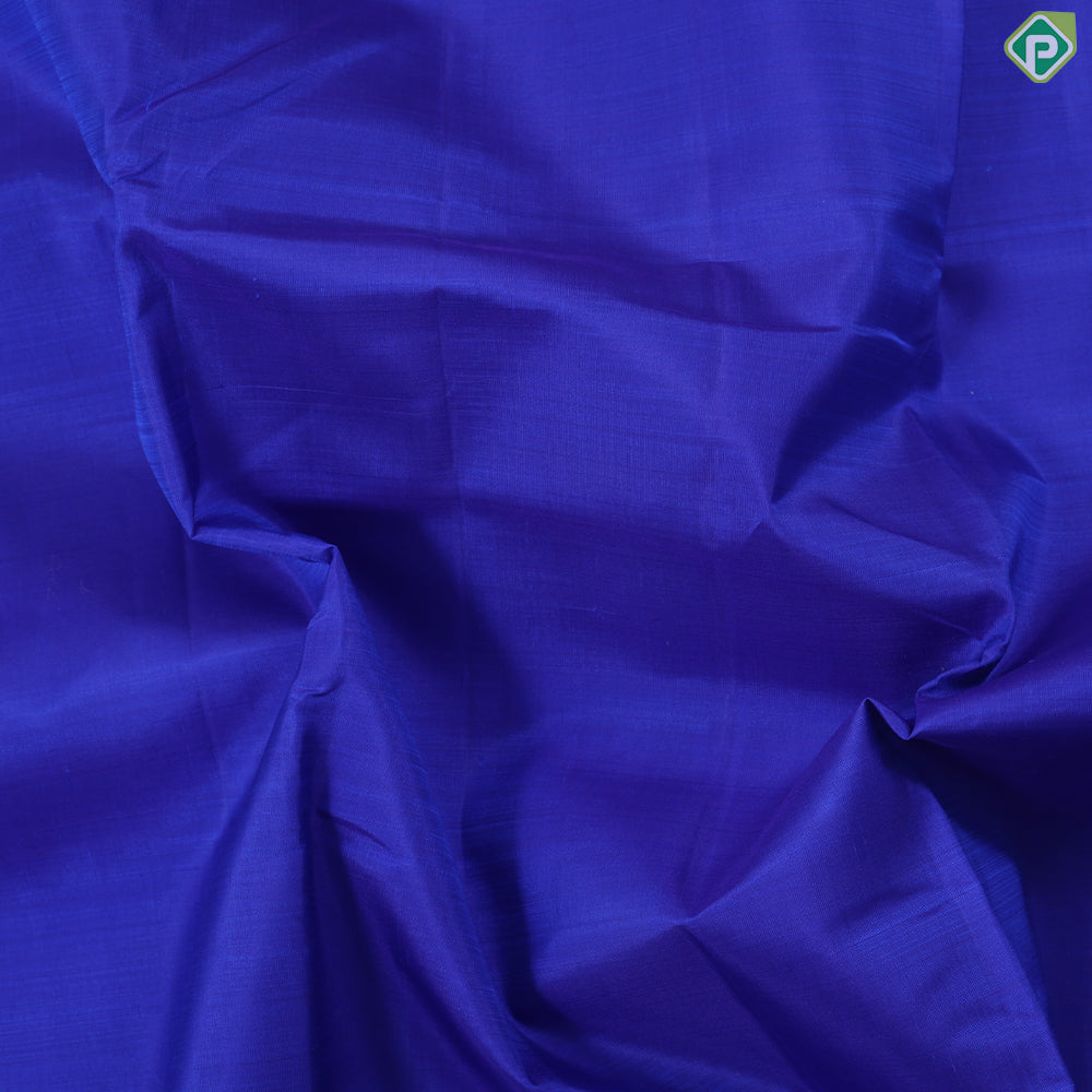 Royal blue plain weaved design contrast orange gold zari mayilkan border madisar 9 yards silk saree