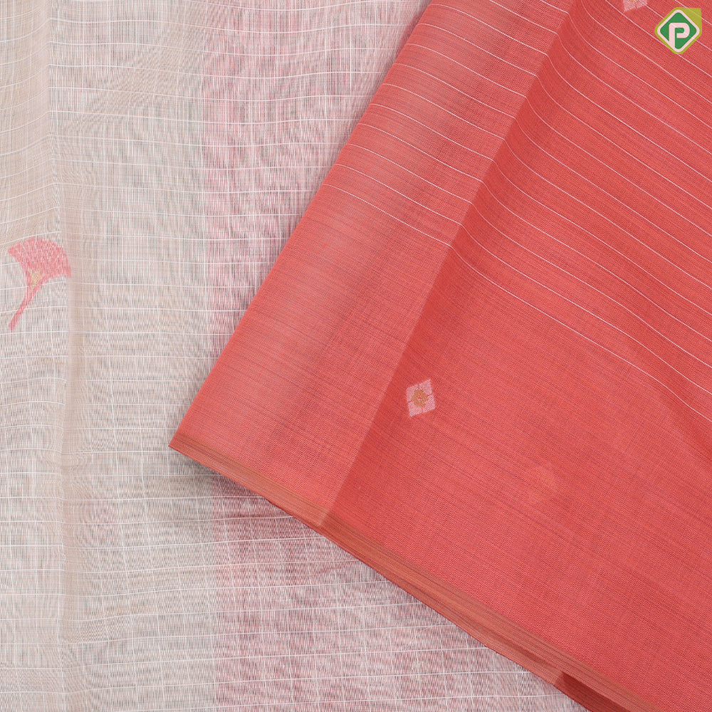 wood beige cream checked flower design contrast pink cream modern art border fancy cotton saree