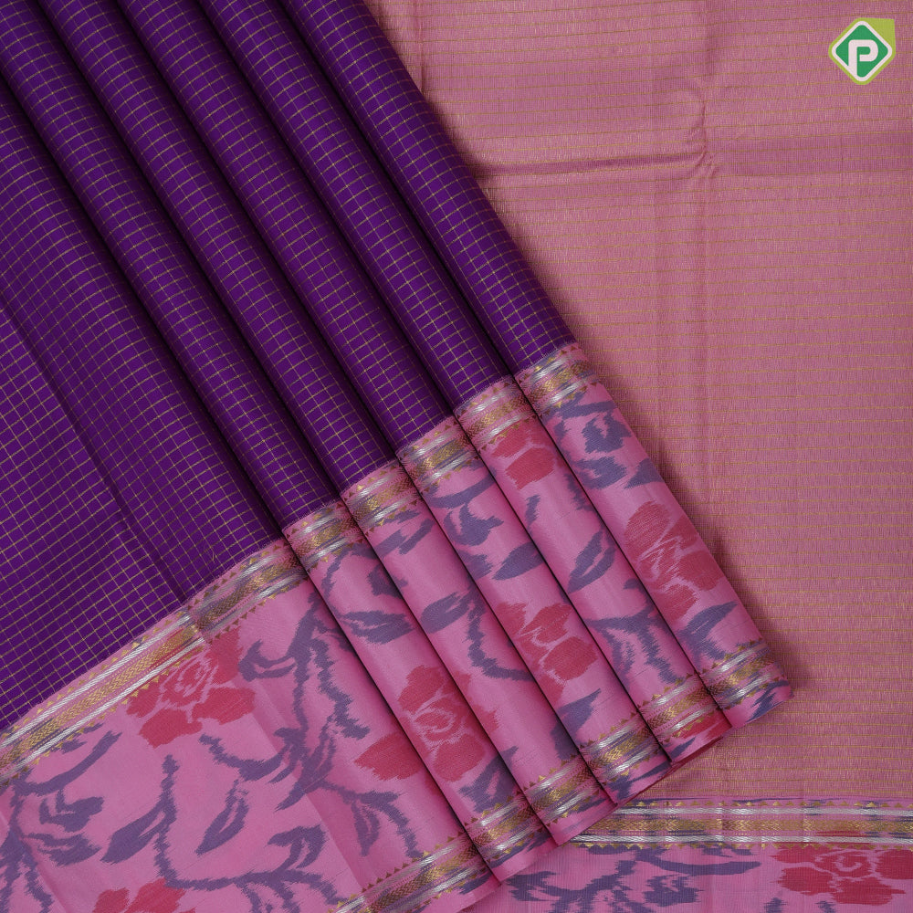 Purple gold zari vairaoosi zari kattam design contrast pink digital ikkat style silver gold zari retta pattai border fusion silk saree