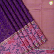 Purple gold zari vairaoosi zari kattam design contrast pink digital ikkat style silver gold zari retta pattai border fusion silk saree