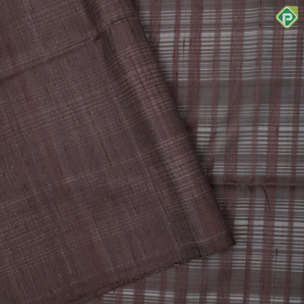 Chocolate brown self lines design borderless multi color pallu concept soft silk saree