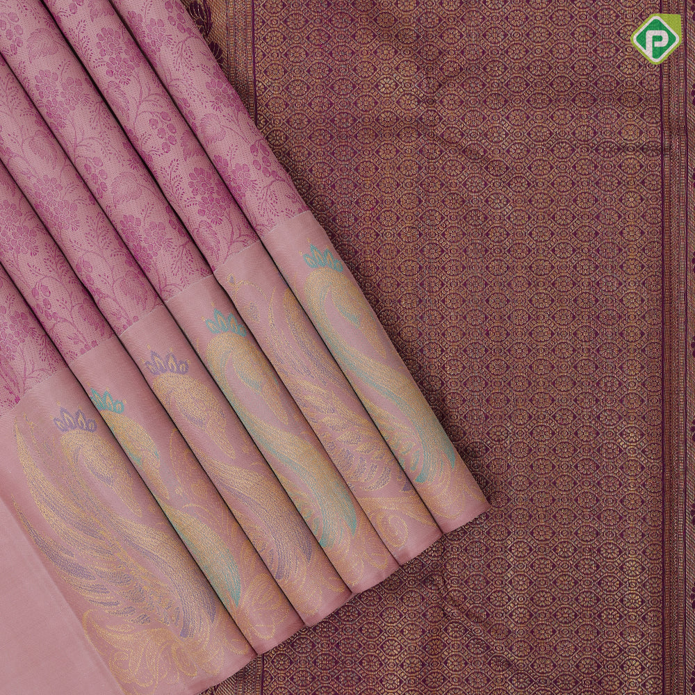 Onion pink purple flower creeper weaved design self onion pink multi colour fancy butta border trendy designer silk saree