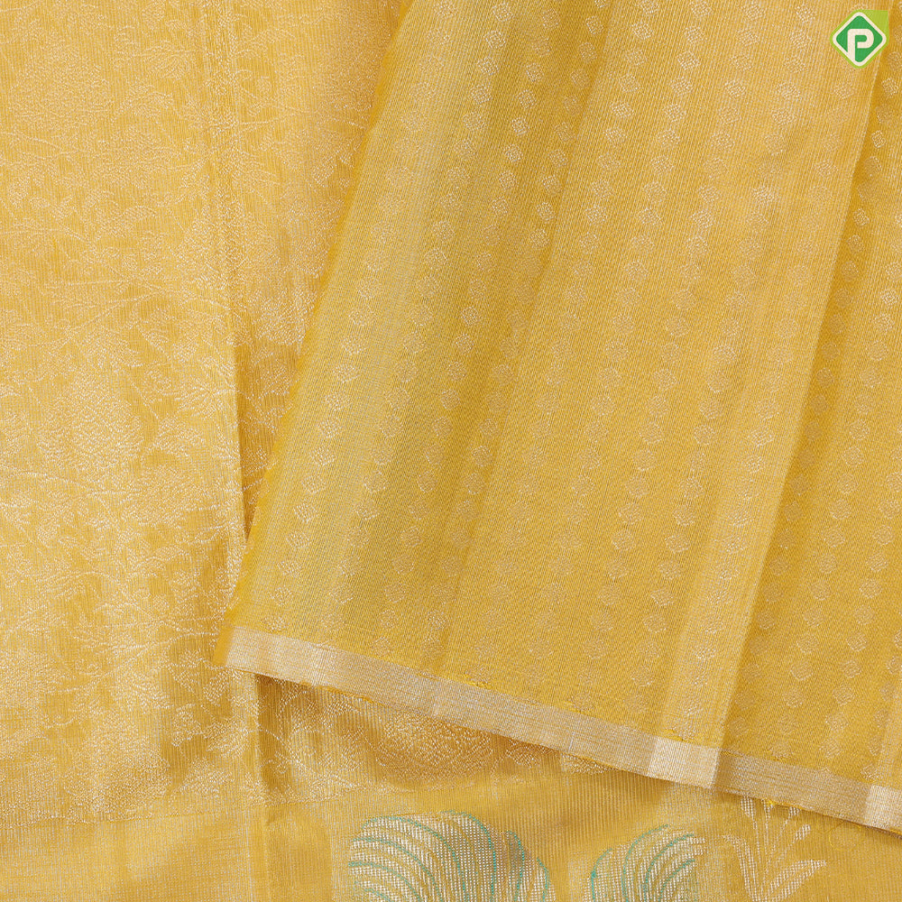 Mango yellow silver zari grand floral design self fancy leaf meena work border trendy tissue silk saree