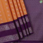 Honey orange silver zari stripes butta design contrast purple rettapet border art silk gift saree