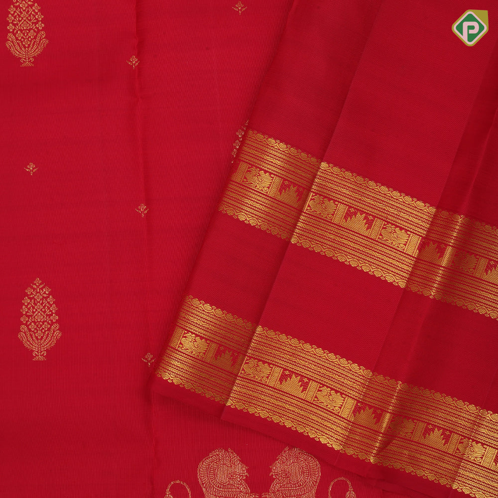 Tomato red gold zari thilagam and double gaja yaali butta self gold zari rettapattai border traditional silk saree