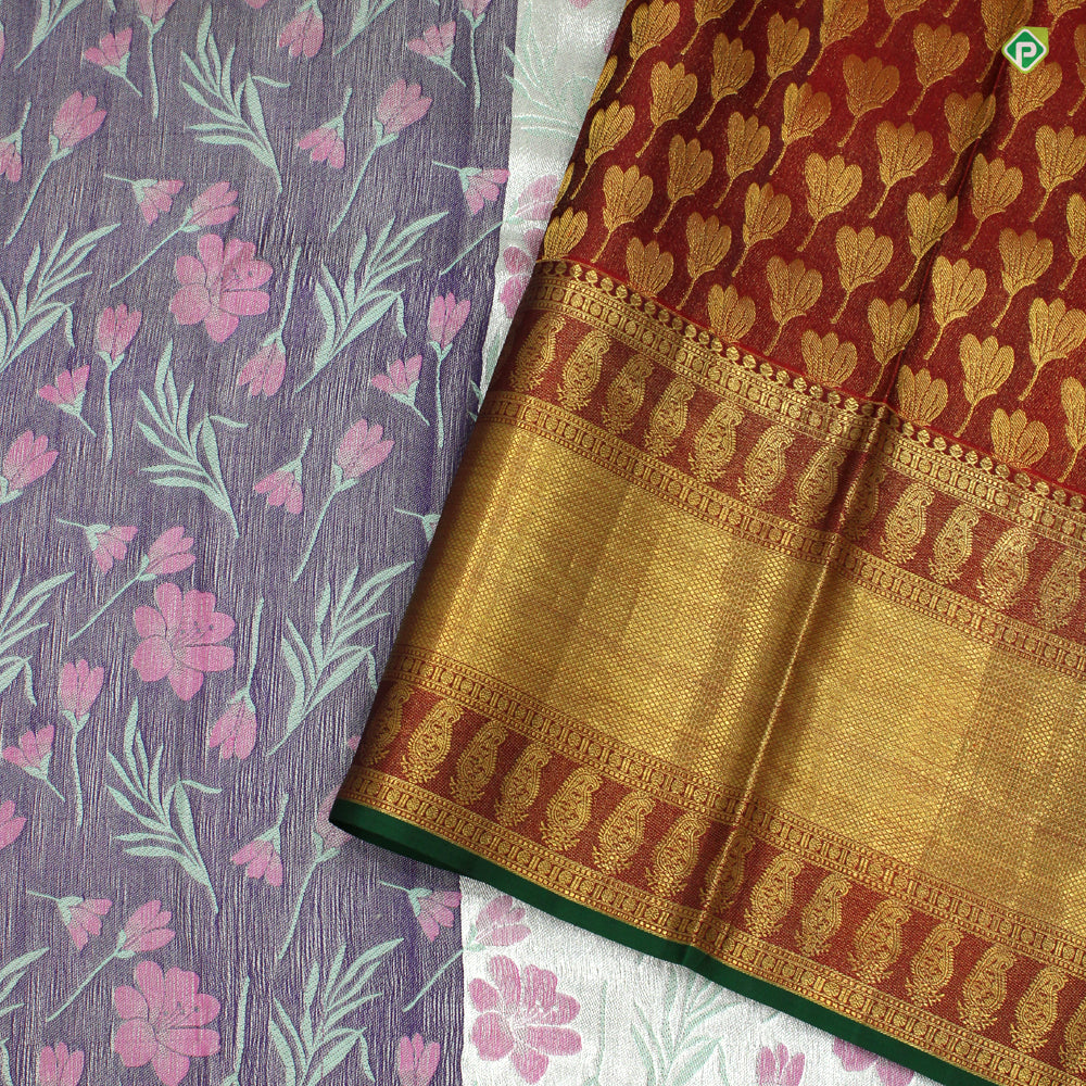 Silver Grey and Brick Red Grand Wedding Silk Saree with Floral Meena Work Motifs