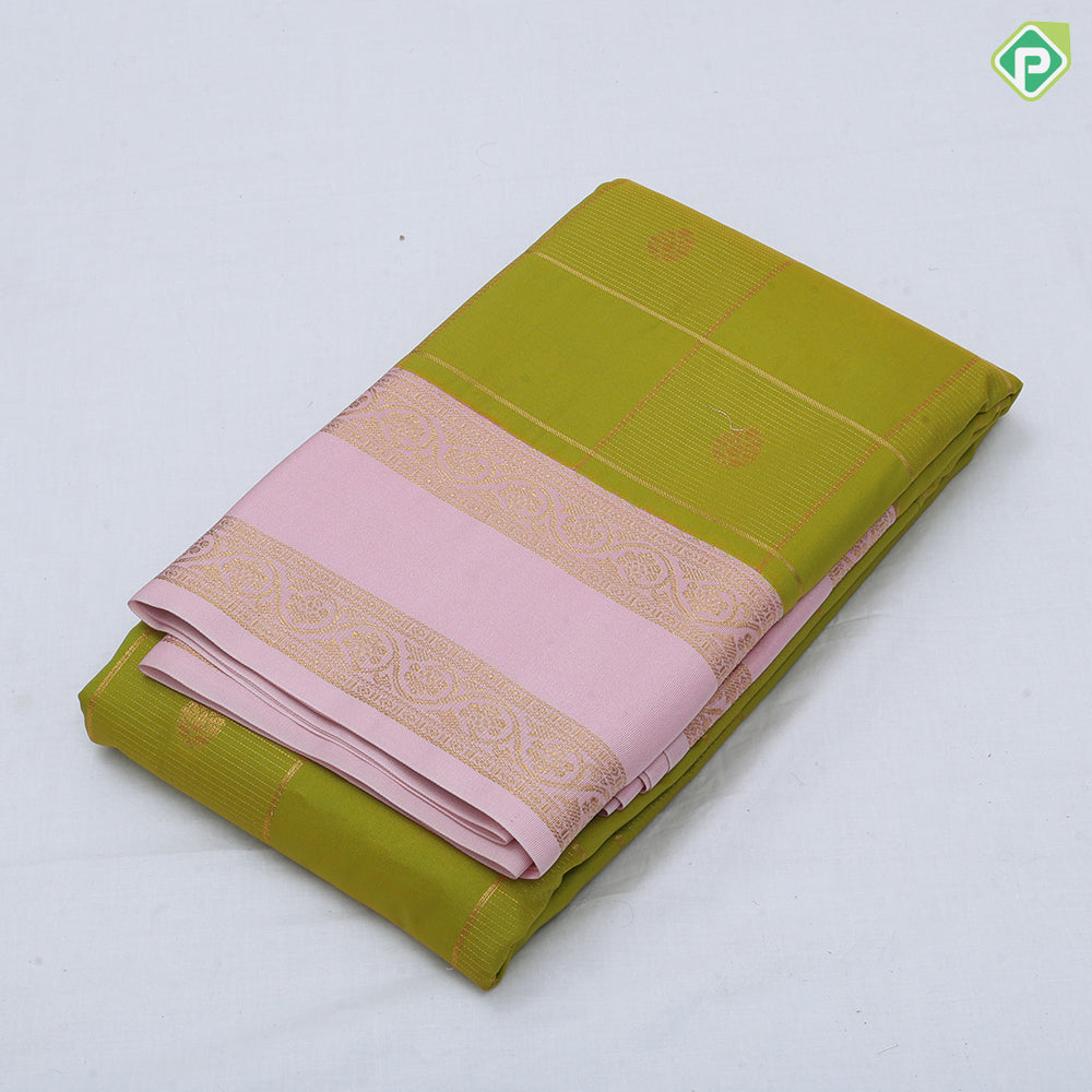 Emarald green gold zari window panel flower design peach pink gold zari rangoli rettapet border art silk saree