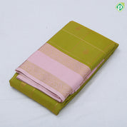 Emarald green gold zari window panel flower design peach pink gold zari rangoli rettapet border art silk saree