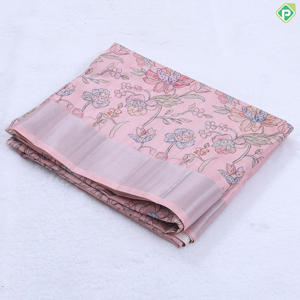 baby pink base kalamkari floral design silver zari border fancy cotton saree
