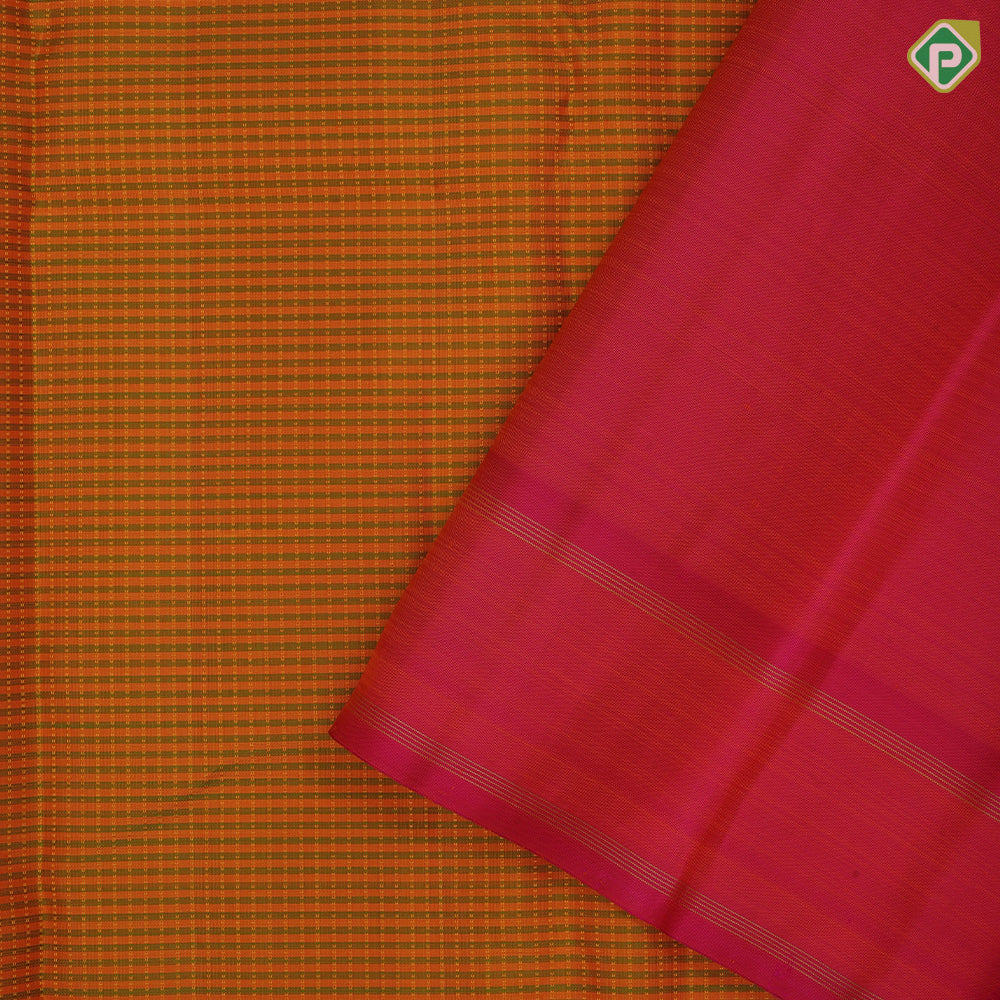 orangish yellow with leaf green lines and thread works design plain rose pink gold zari rettapettai border traditional retro silk saree