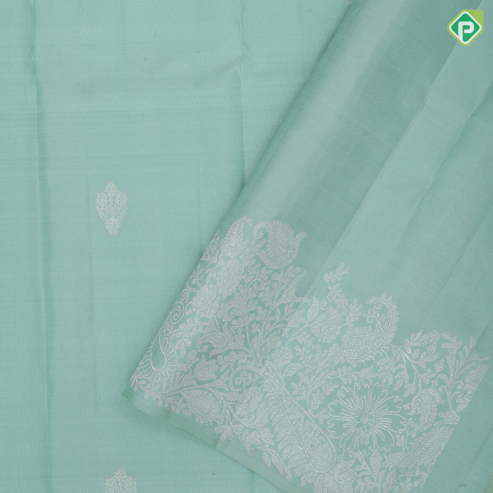 Sea foam green silver zari mango butta design self silver zari floral meena work border trendy designer silk saree