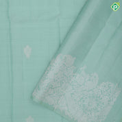 Sea foam green silver zari mango butta design self silver zari floral meena work border trendy designer silk saree