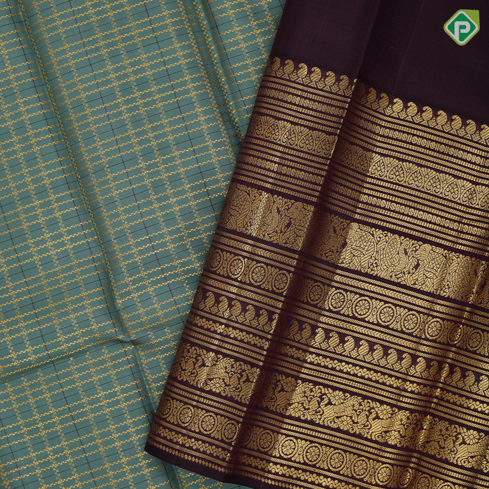 Sage green gold zari designer checks chocolate brown gold zari multi butta lines border vintage traditional silk saree