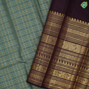 Sage green gold zari designer checks chocolate brown gold zari multi butta lines border vintage traditional silk saree