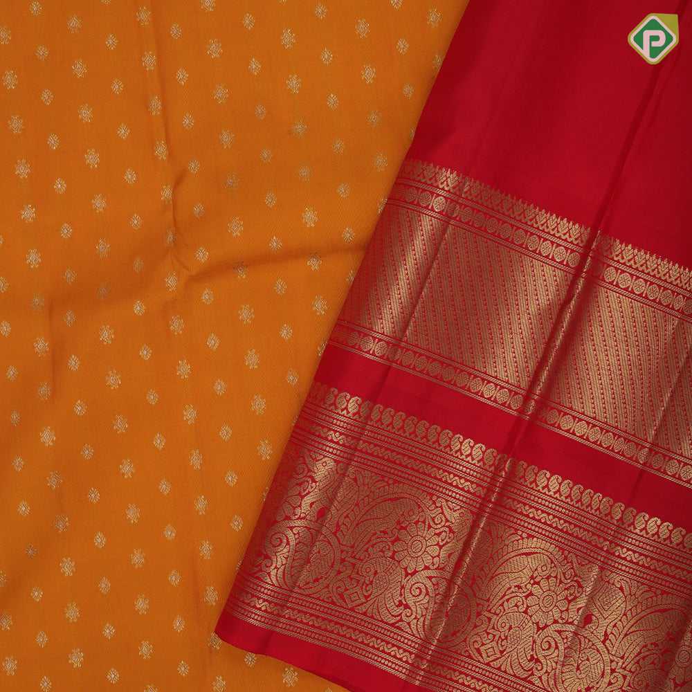 Mustard yellow silver gold zari small butta motifs paaalum pazhamum gold zari border traditional silk saree