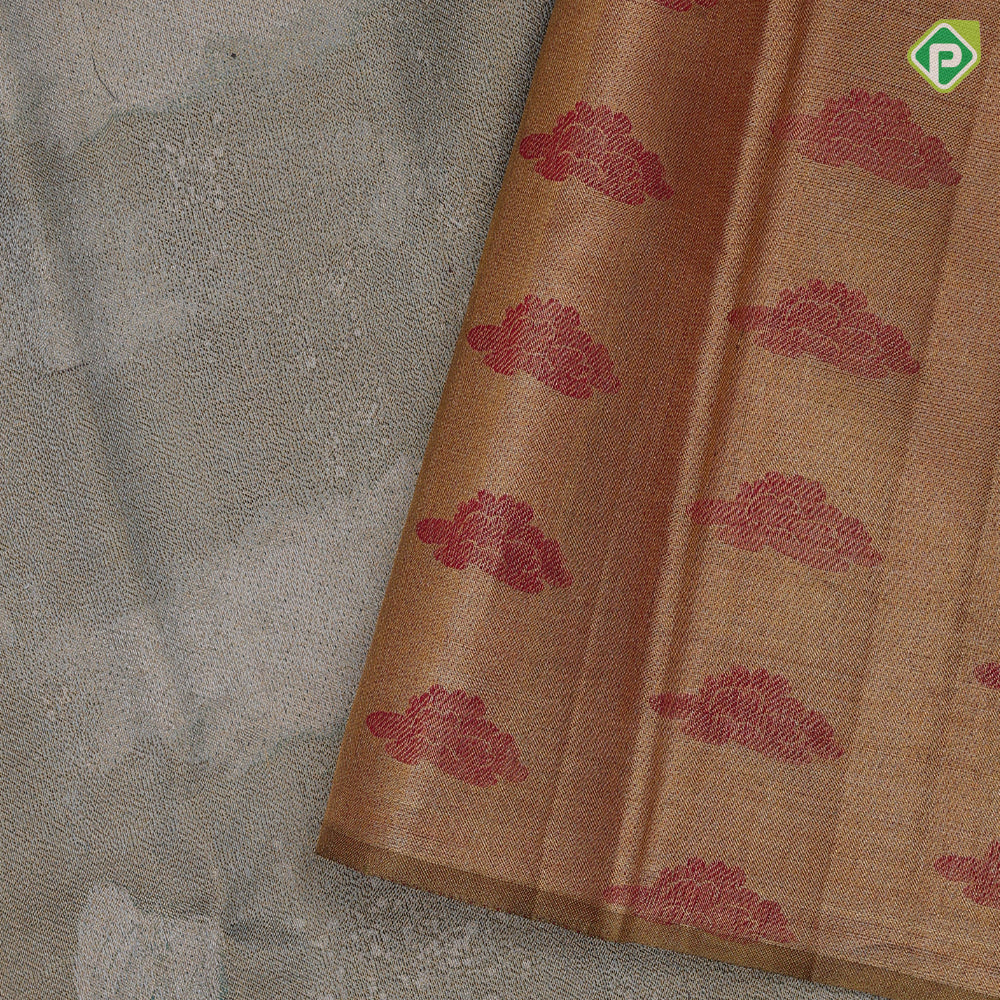 Antique gold sage green subtle cloud motifs gold tissue weave vintage floral tulip border European tulip inspired signature silk saree