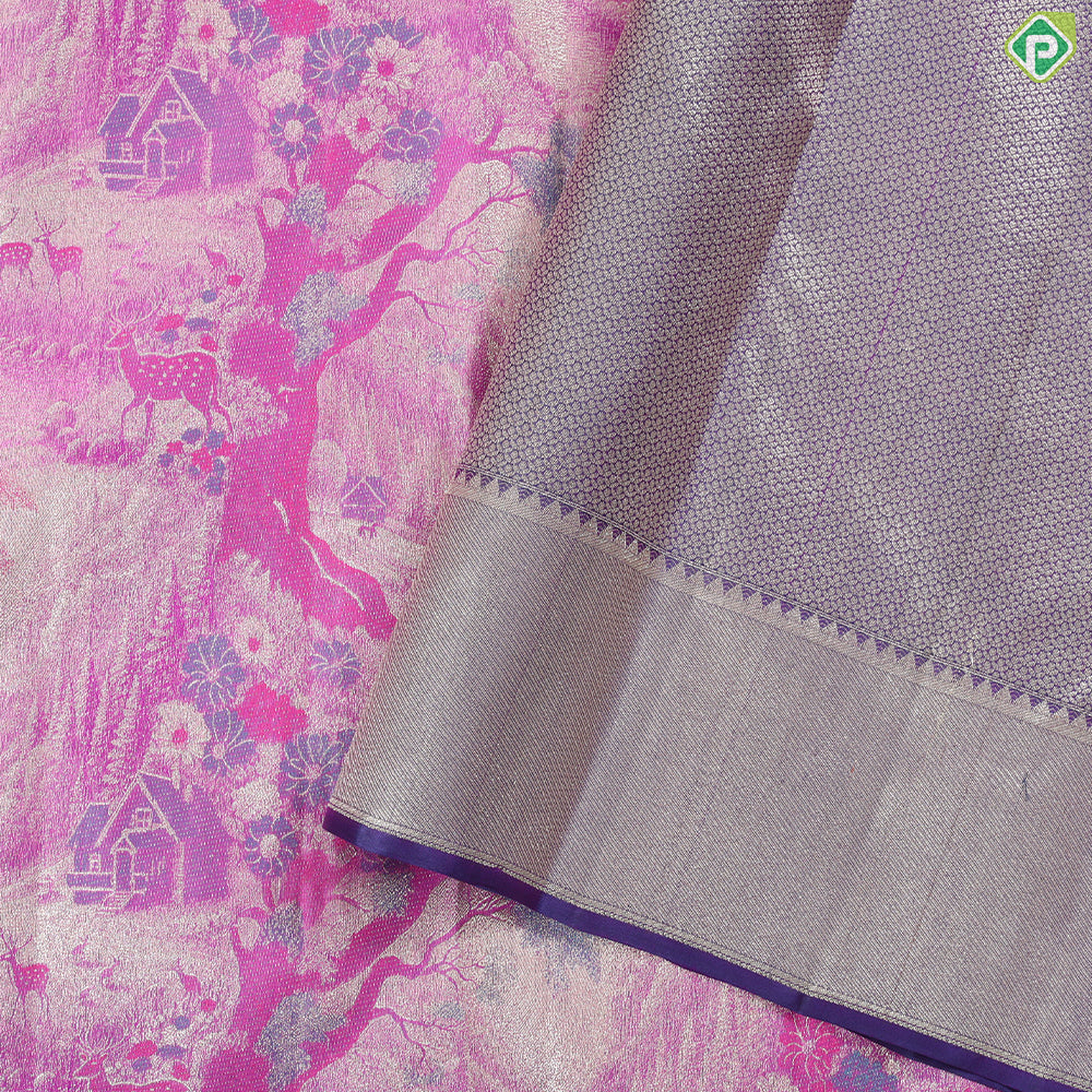 Rose Pink Self Krishna Radha Romance tissue weaved design Purple silver gold zari Border trendy tissue silk saree