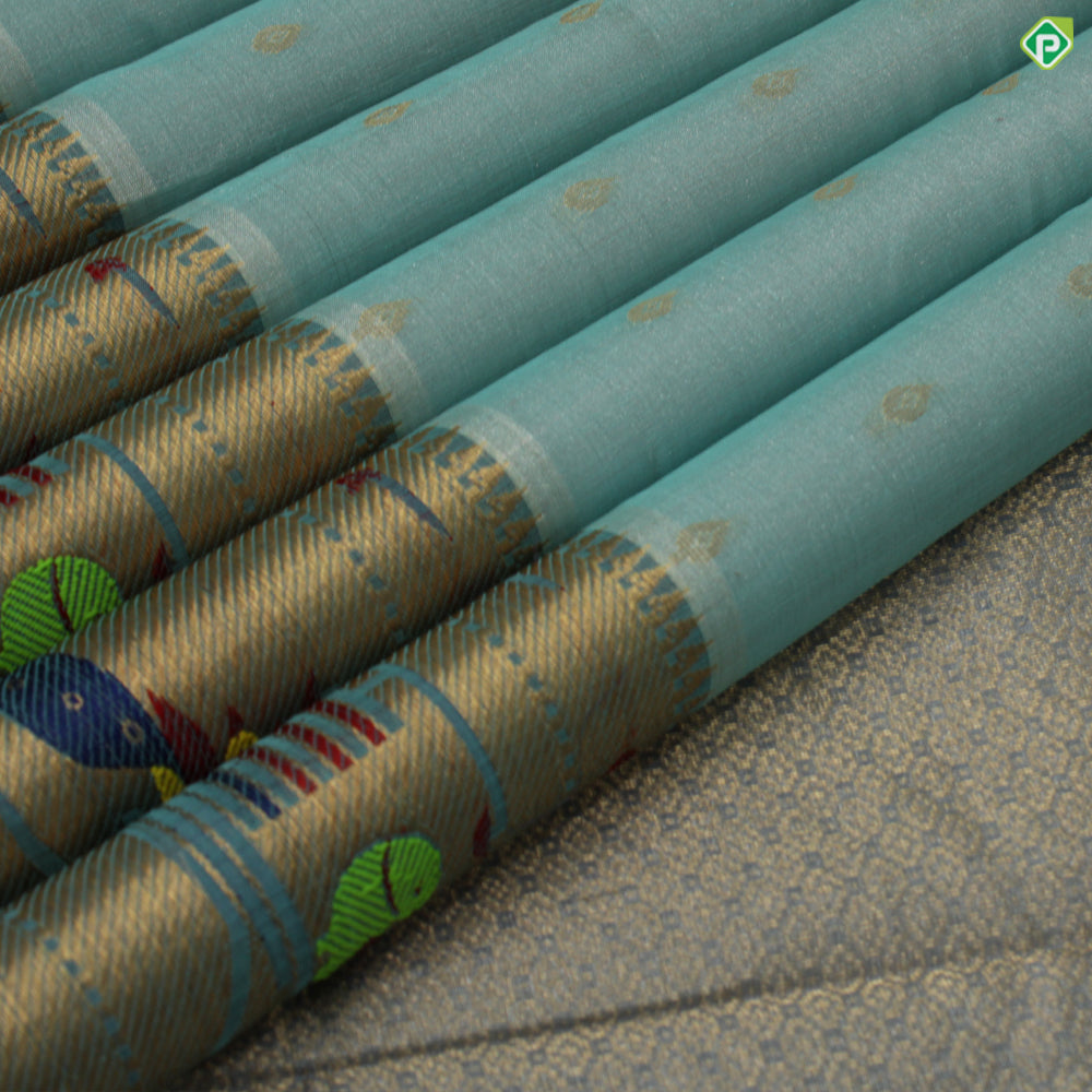 Sea blue With Blueish Grey Colour Paithani Work Border Tissue Kuppadam Silk Cotton Saree