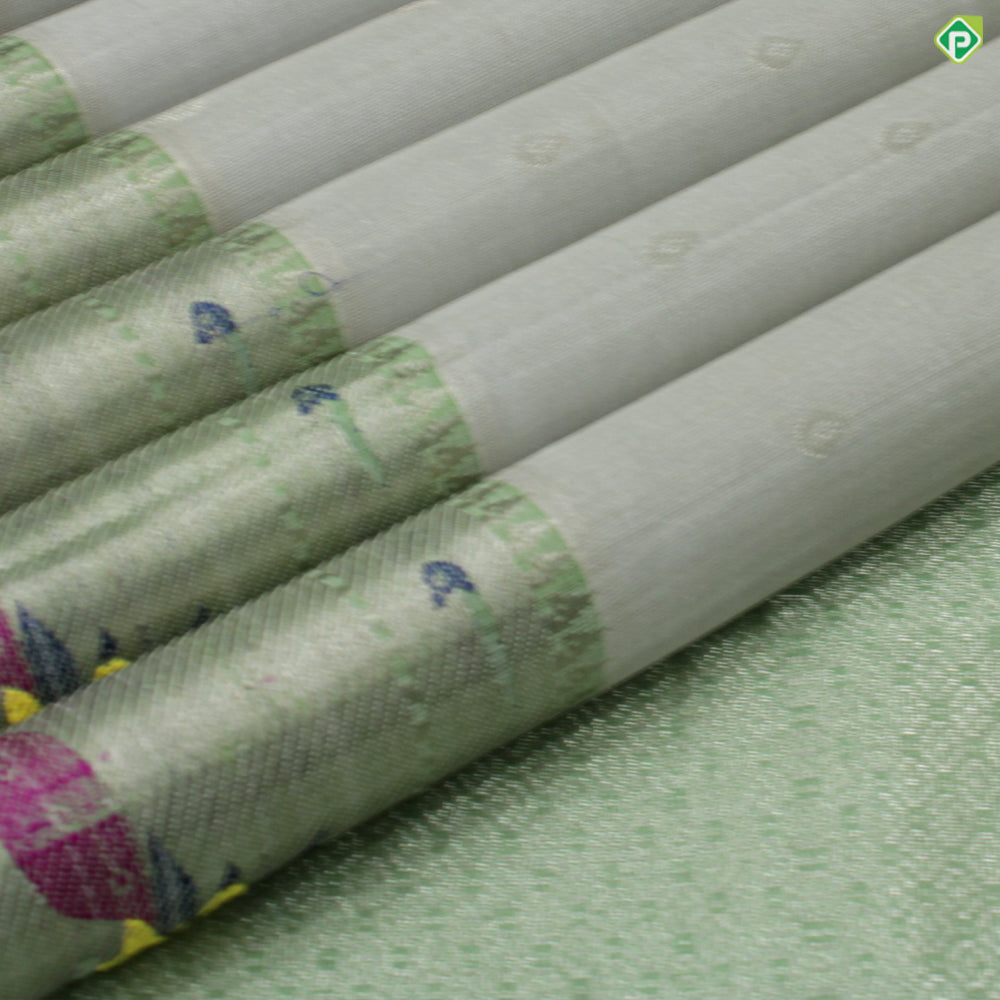 Silver Grey With Sage Green Colour Paithani Work Motifs Tissue Kuppadam Silk Cotton Saree
