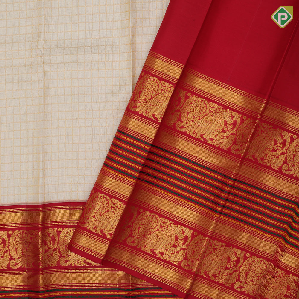 Half White gold zari rope checked design rani red gold zari peacock butta and thread work long border traditional silk saree