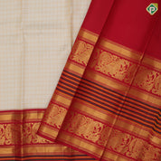 Half White gold zari rope checked design rani red gold zari peacock butta and thread work long border traditional silk saree