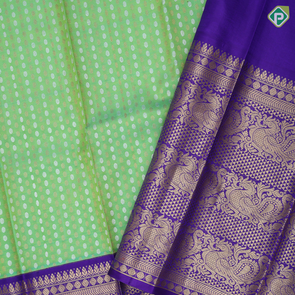 Pista green silver gold zari thousand butta design purple blue gold zari peacock butta lines high border bridal silk saree