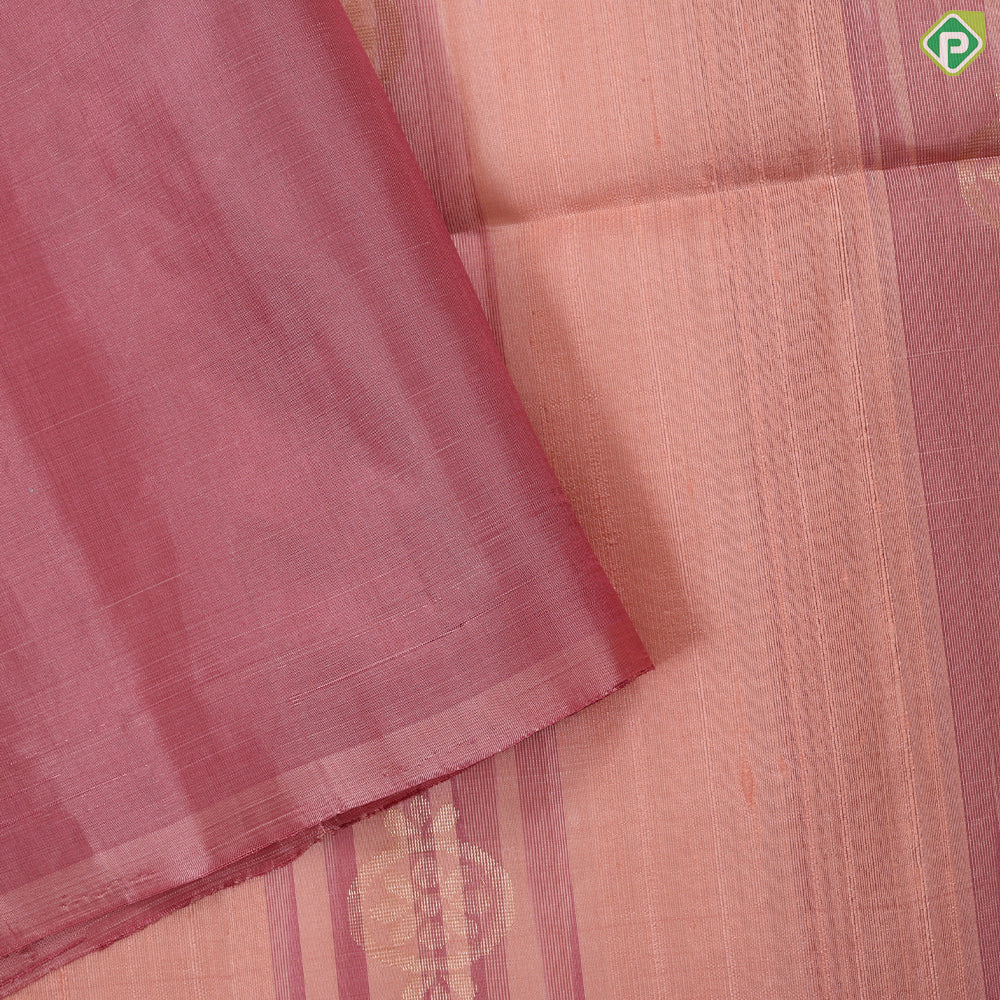 Peach and onion pink stripes gold zari round flower design borderless grand pallu soft silk saree