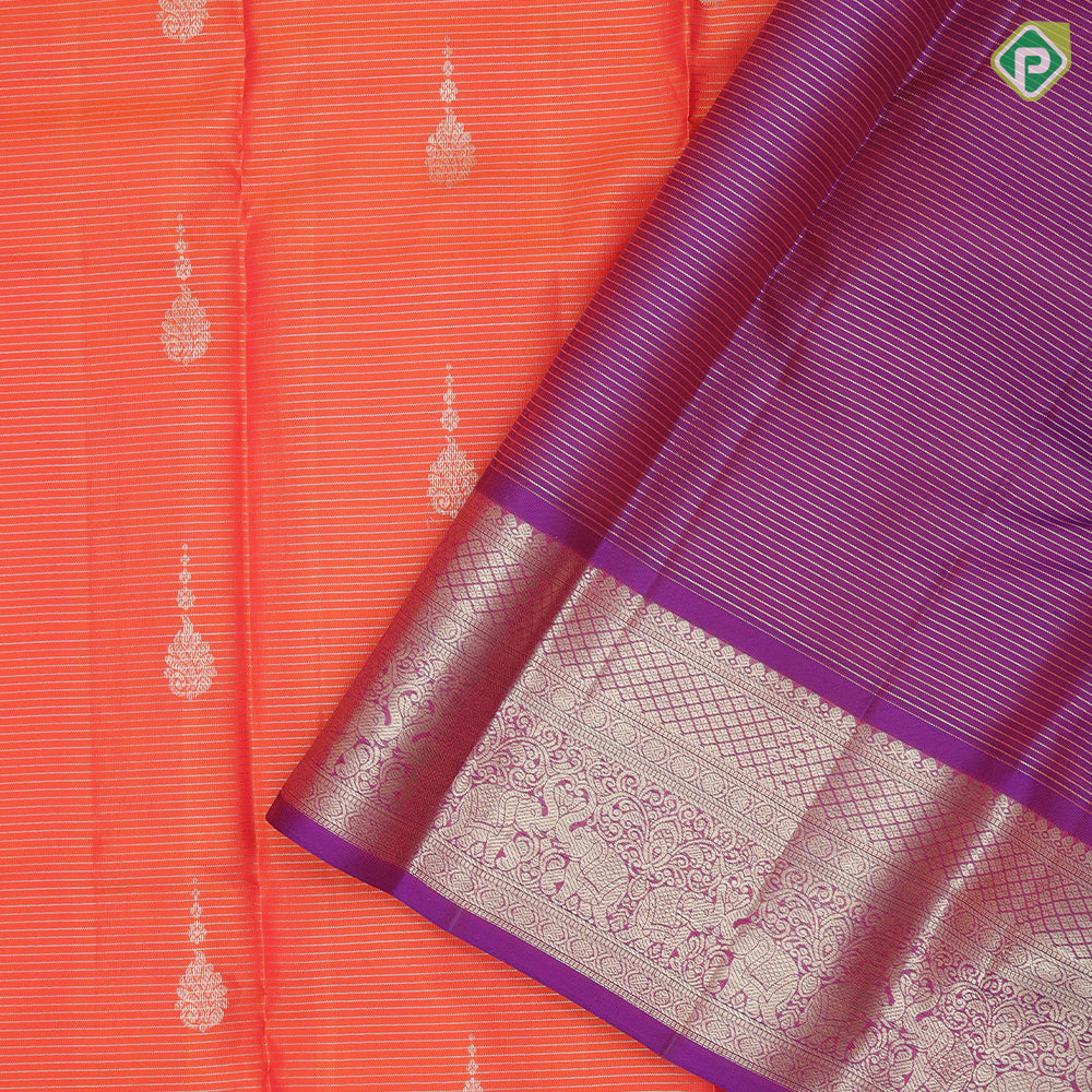 Orange Colour Gold Zari Vairaoosi Line Mango Butta Design Purple Colour Elephant Ruthracham Border Design Pure Mix Silk Saree