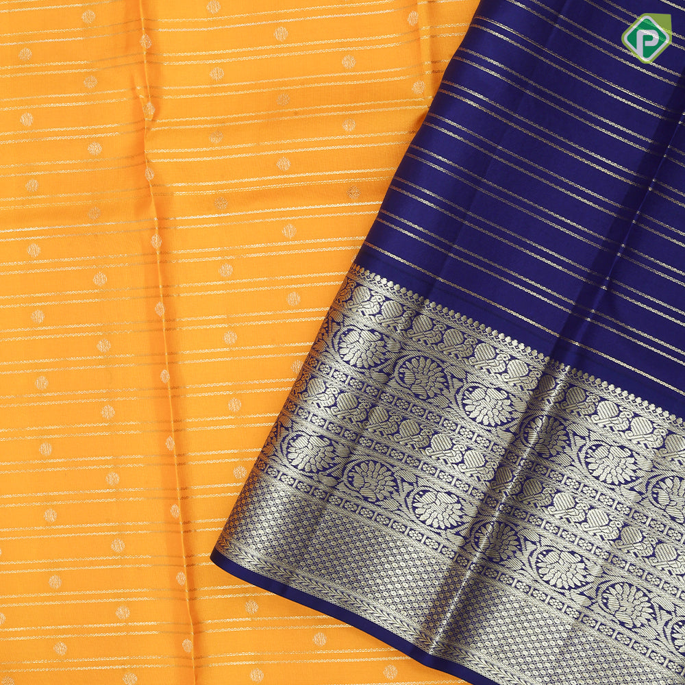 Corn yellow gold zari double lines mid dots design royal blue gold zari rangoli border traditional silks saree