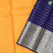 Corn yellow gold zari double lines mid dots design royal blue gold zari rangoli border traditional silks saree