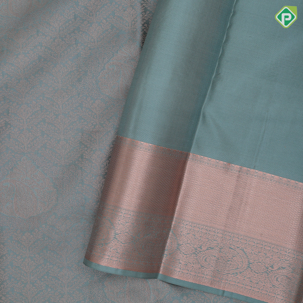 Cruse Gold Zari Brocade Floral Design Self Colour Manga Ruthracham Maiyilkan Border Design Wedding Silk Saree