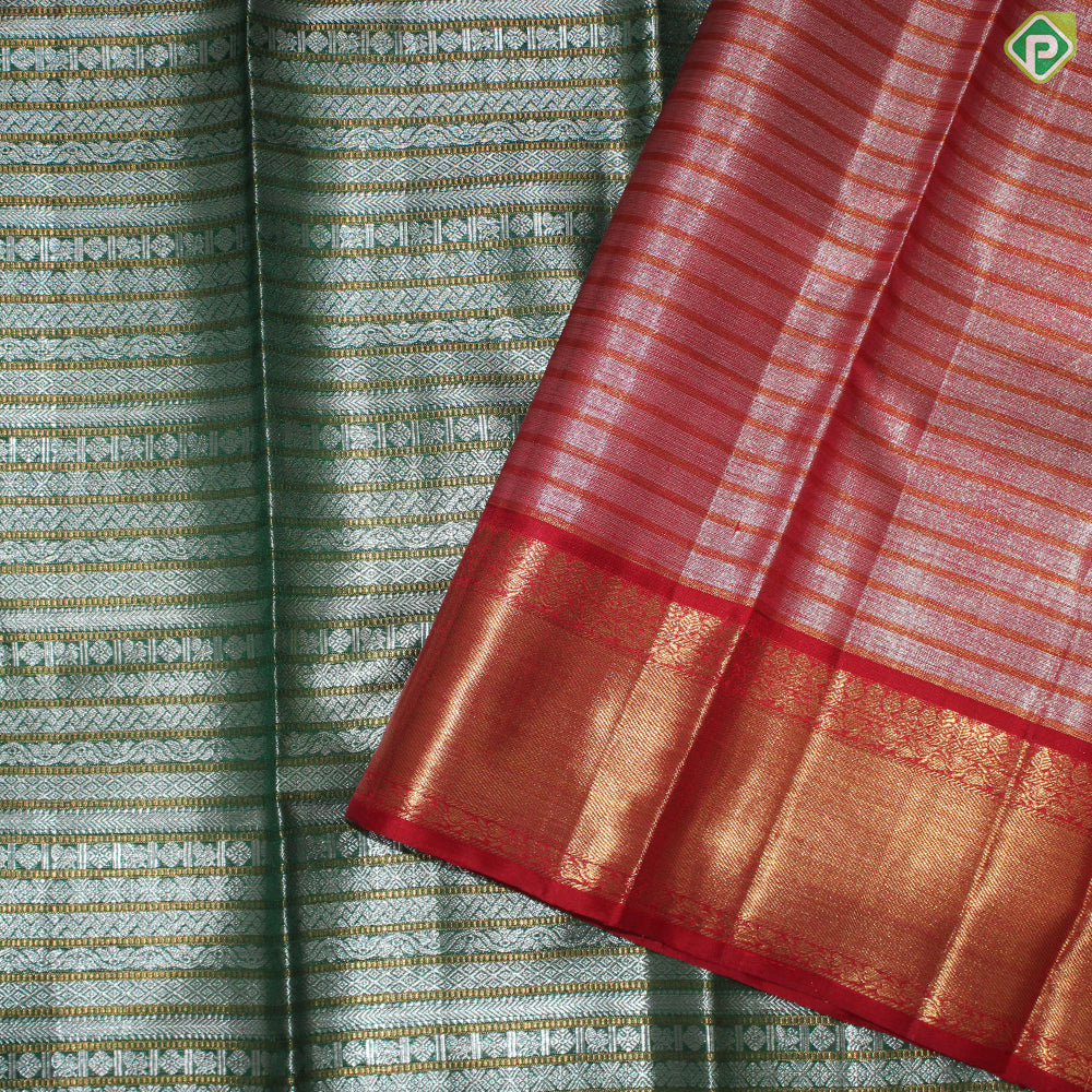 Bottle Green Silver And Gold Zari With Red Color Border Traditional Silk Saree