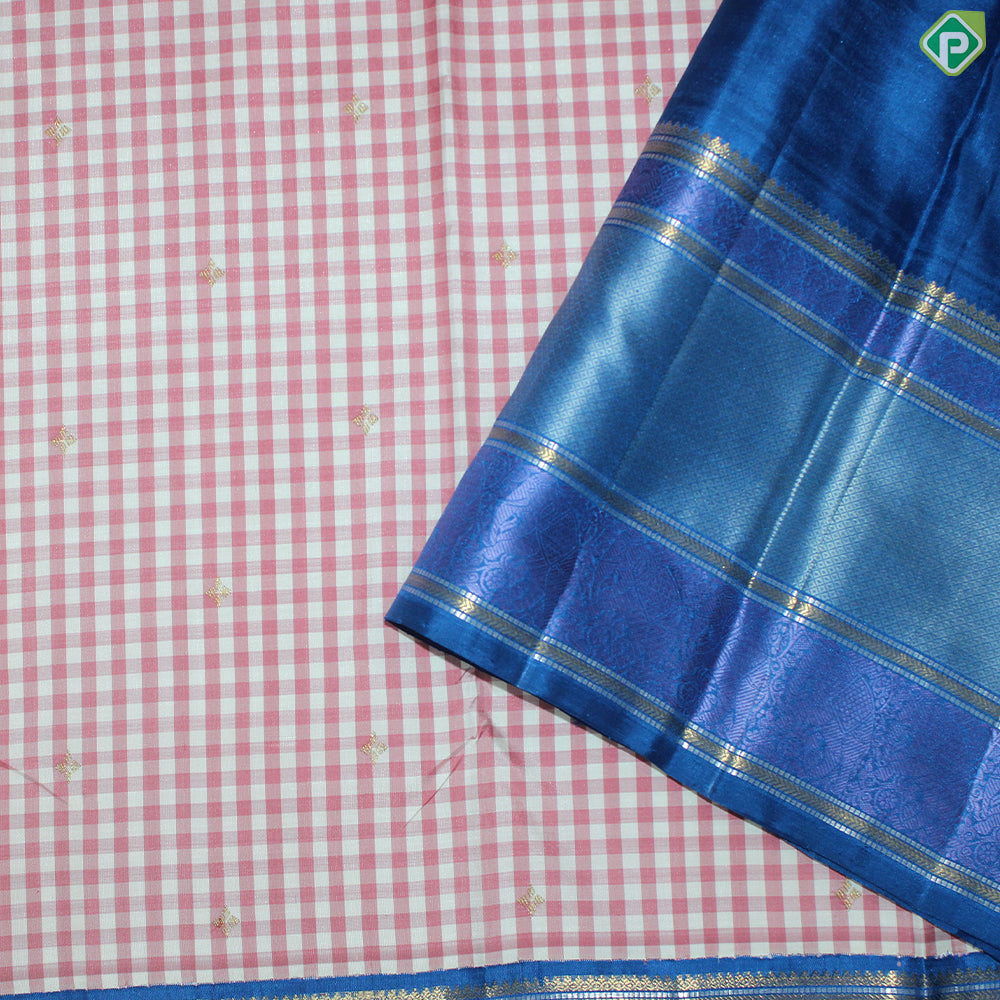 Magenta Red Whit small Checks Gold Zari with Royal Blue Silver And Gold Zari Border Traditional Silk Saree
